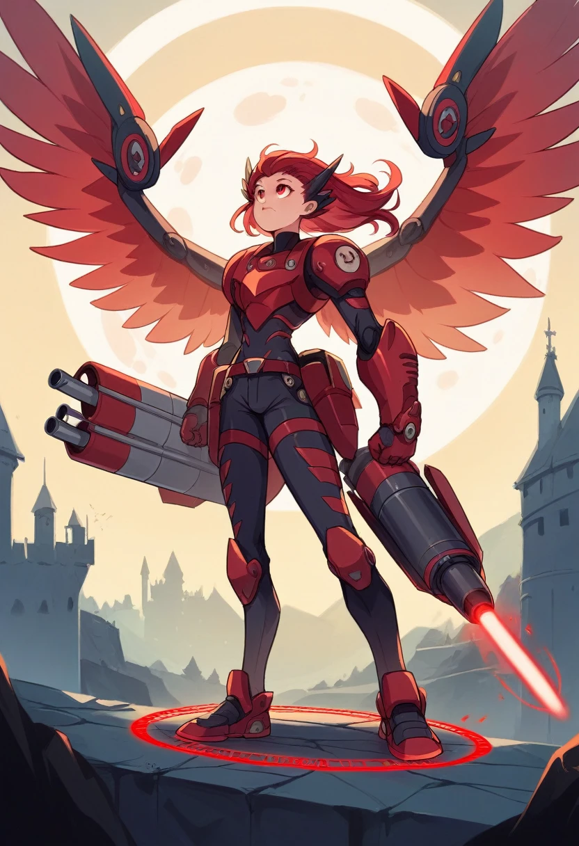 mechanized humanoid red dragon, holding beam sword, magic circle, mechanical red wings, science fiction, looking up, high resolution, masterpiece, best quality, ultra detailed, super fine illustration, red laser cannon on shoulder, no humans, shooting, straight-on, missile pod on waist, dynamic, red eye, moon over the castle,