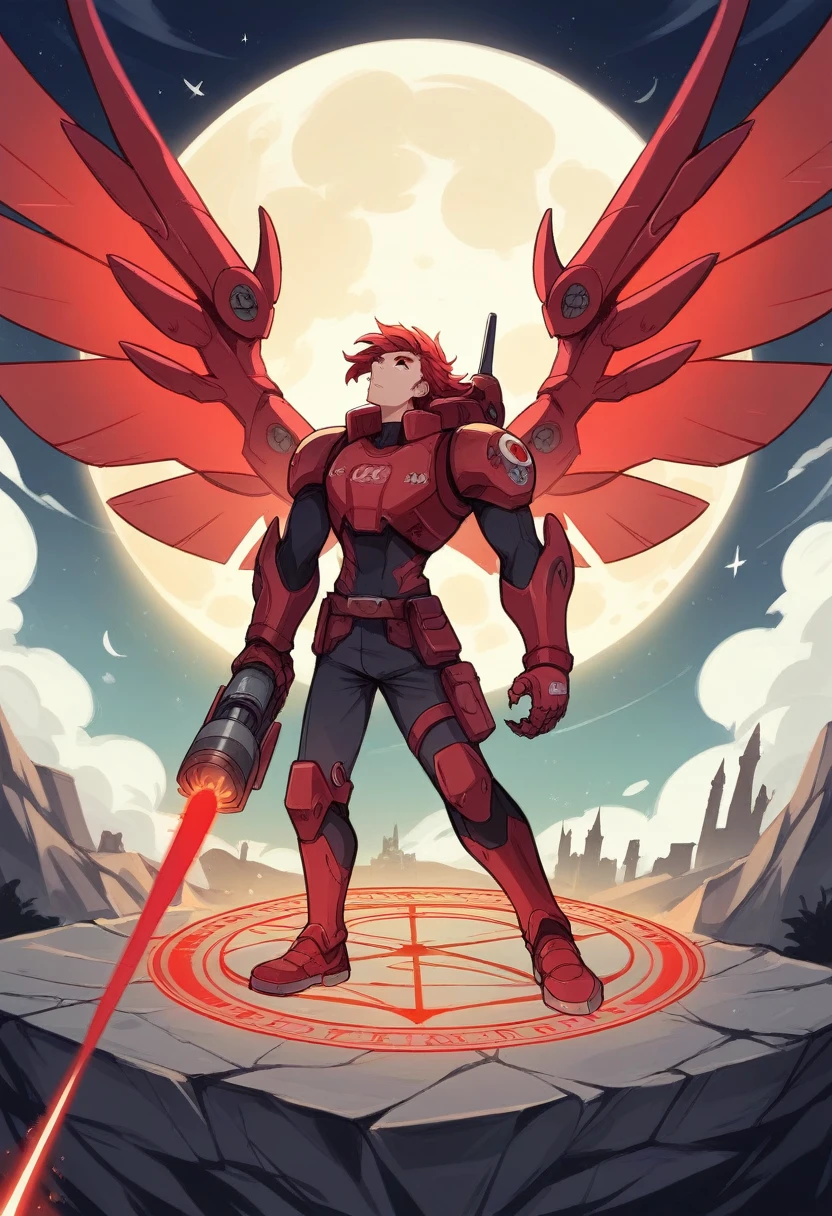 mechanized humanoid red dragon, holding beam sword, magic circle, mechanical red wings, science fiction, looking up, high resolution, masterpiece, best quality, ultra detailed, super fine illustration, red laser cannon on shoulder, no humans, shooting, straight-on, missile pod on waist, dynamic, red eye, moon over the castle,