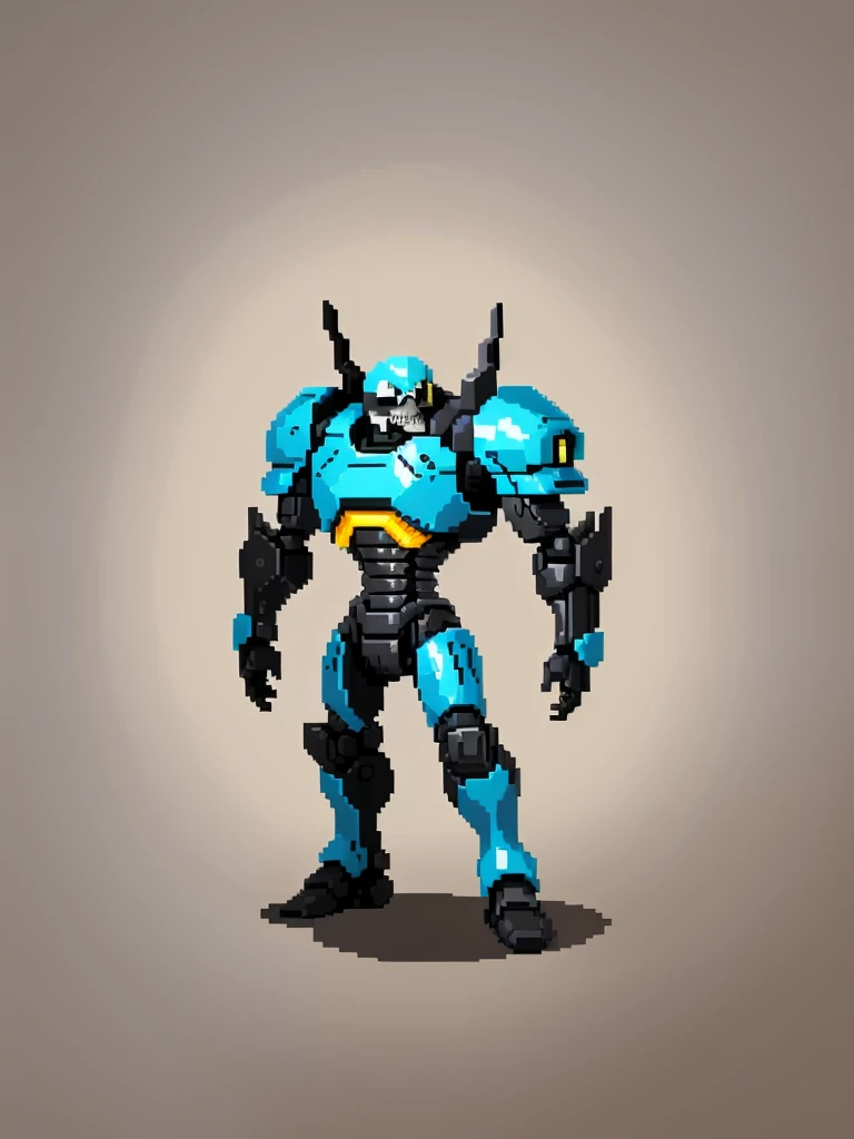 black skull head armored robot, (Obra de arte, maximum quality, melhor qualidade), Pixel, Pixel art, 1 male android robot based on the terminator robot, sidescroller game character
