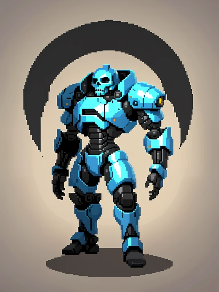 black skull head armored robot, (Obra de arte, maximum quality, melhor qualidade), Pixel, Pixel art, 1 male android robot based on the terminator robot, sidescroller game character