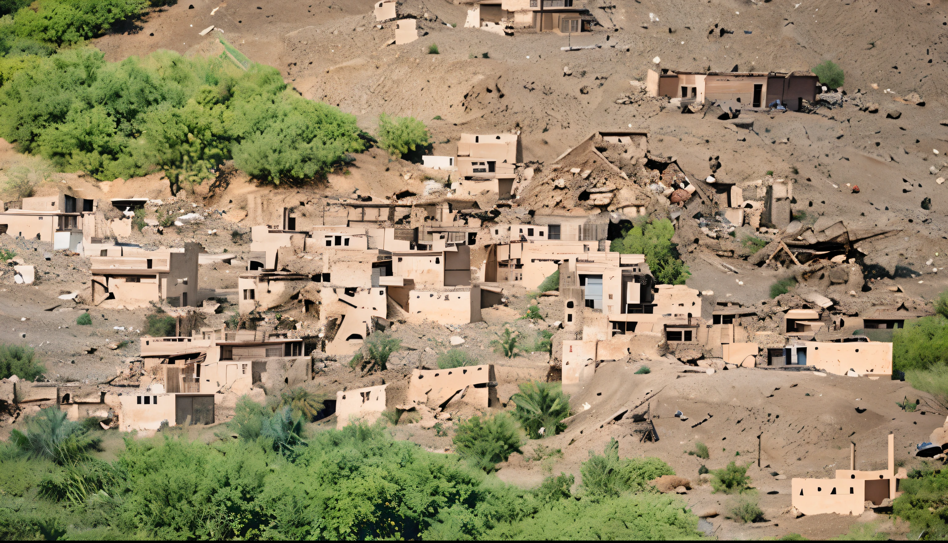 Generate an image depicting a scene from the Al Haouz earthquake crisis. The setting should be a devastated urban area with collapsed buildings and rubble. In the foreground, show local community members engaging in crisis communication. Include elements like people using radios, mobile phones, and makeshift bulletin boards for information dissemination. The buildings are old and build on a montain in al haouz. The atmosphere remain to the pain and desert climate. Cinematic lighting, ultra realistic resolution, realistic depth of field .