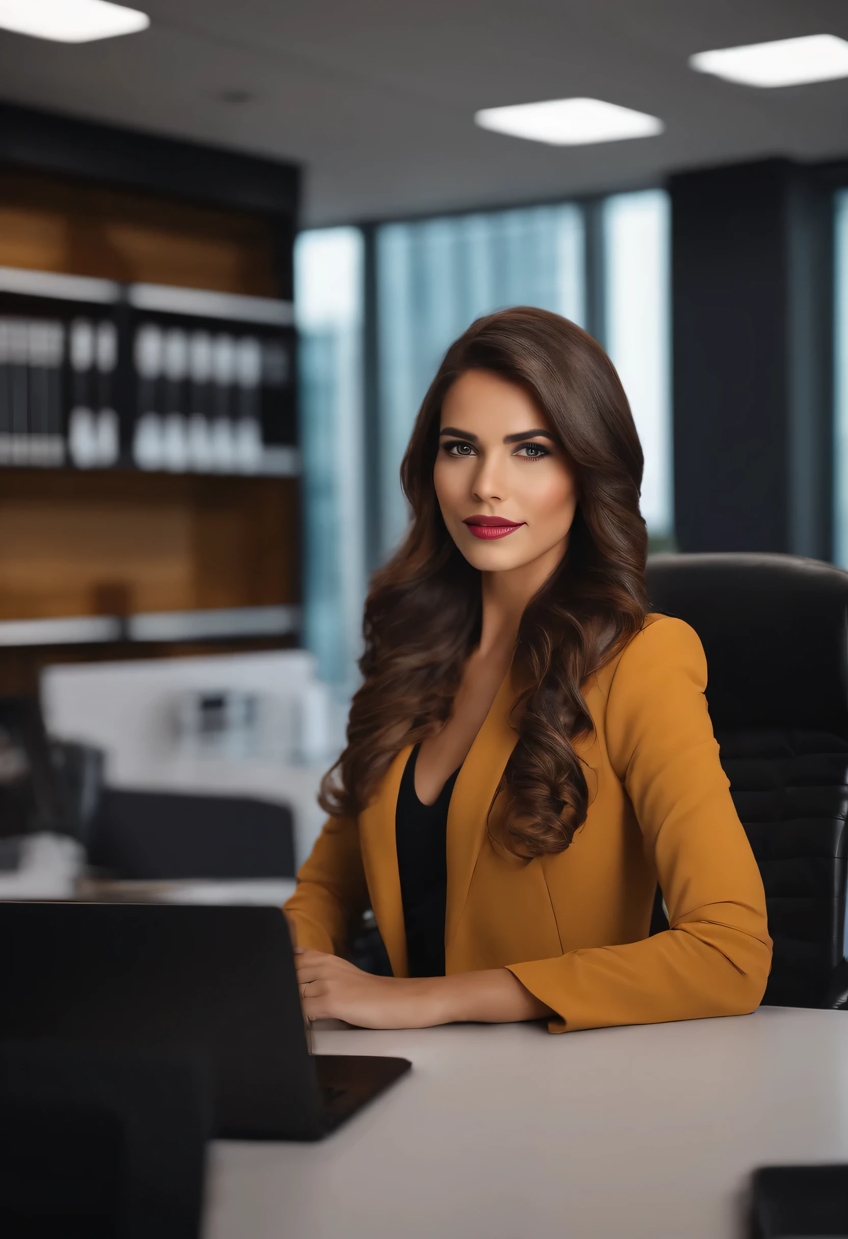 Brunete girl in the office, Hedset com entrada para auscultadores, business clothes, professional camera, 8K, hiper-realista, pele um pouco parda, cabelos pretos ondulados com mechas amarelas