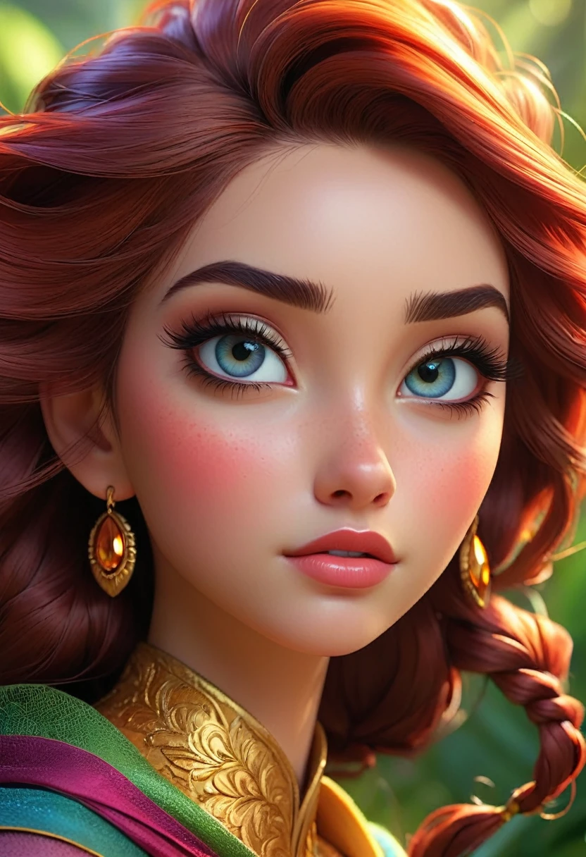 (melhor qualidade,4K,8K,high resolution,Obra de arte:1.2),ultra-detalhado,(realista,photorealista,photo-realista:1.37),estilo pixar:2,retrato,lindos olhos detalhados,beautiful detailed lips,olhos e rosto extremamente detalhados,long eyelashes,fundo colorido,Stunning lighting,atmosfera sonhadora,cores vibrantes,sombras suaves,classic animation,Design de personagem,tema fantasia,lovely expression,charme juvenil,postura forte e confiante,movimento gracioso,heroic figure,magia brilhante,Playful elements,ambiente natural,cabelo solto,Emotive illustration,personalidade atraente,detalhes cristalinos,texturas complexas,recursos expressivos,arte meticulosa,toque caprichoso,A girl with extraordinary powers,duas s com habilidades sobre-humanas,fantastic costume,Incredible strength and agility,Wonderful personality and character traits,Unforgettable and enchanting,tell stories through visuals.