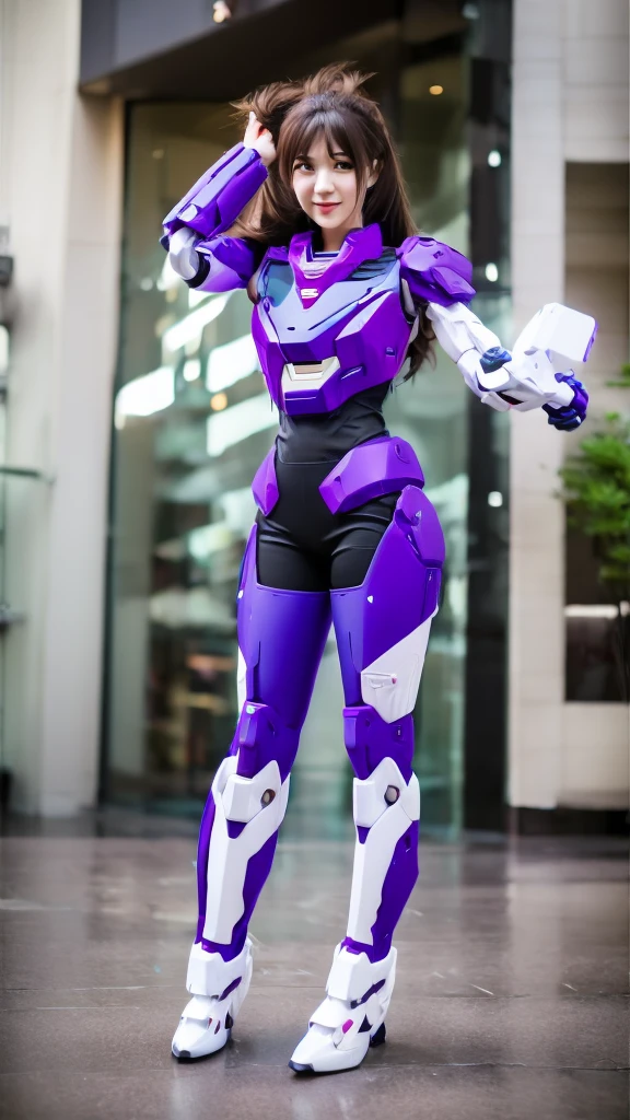 RAW, Masterpiece, Ultra Fine Photo,, Best Quality, Ultra High Resolution, Photorealistic, Sunlight, Full Body Portrait, Stunningly Beautiful,, Dynamic Poses, Delicate Face, Vibrant Eyes, a full body of a woman in a purple and white gundam custume, dybamic pose, long brown very very long hair rapunzel, girl in mecha cyber armor, portrait armored astronaut girl, d. va from overwatch, female mecha, on a gundam, gundam head, chiho aoshima color scheme, mobile suit, streamlined purple armor, fully robotic!! girl, realistic cosplay, gundam armor , full body, sit down, full body