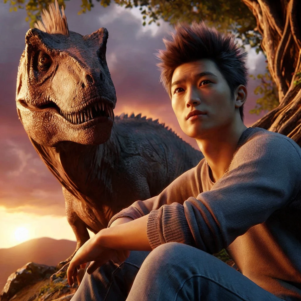 gambarkan 3d hyper realistik yang menampilkan T-rex dan pria asia ,usia 25 tahun rambut short and spiky melihat ke depan pandangannya kosong, Mereka duduk di tebing di bawah ranting pohon. T-rex melihat pria itu dengan senyum simpati. Latar belakang menggambarkan langit oranye dengan matahari terbenam di dekat cakrawala.4K, ultra HD, fotografi,cinematic