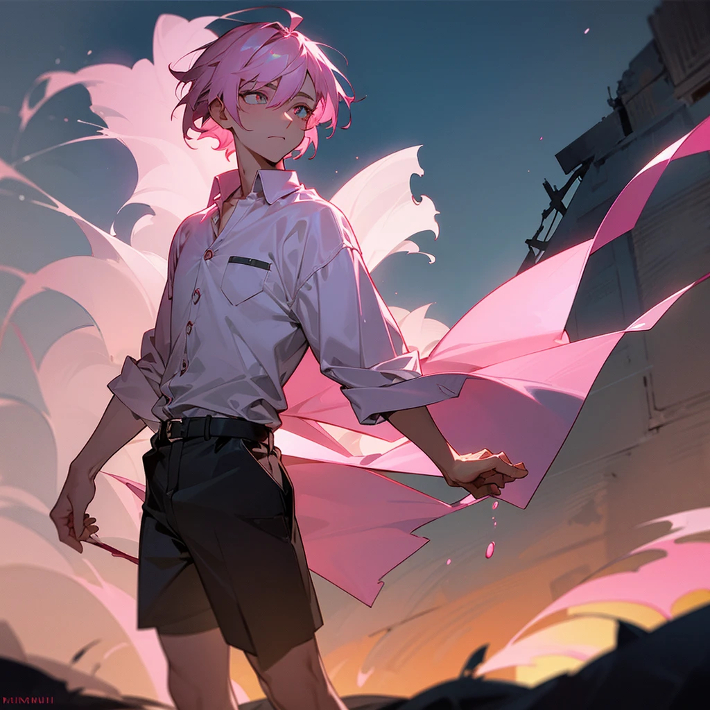 1male, adult, finely detailed arsenic eyes, wild short hair, rose quartz hair color, open button down hawaii shirt, shorts, standing on ruined building, night time, somber expression, muscular, excited expression