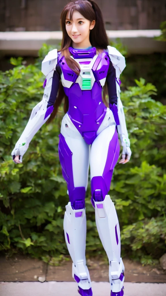 RAW, Masterpiece, Ultra Fine Photo,, Best Quality, Ultra High Resolution, Photorealistic, Sunlight, Full Body Portrait, Stunningly Beautiful,, Dynamic Poses, Delicate Face, Vibrant Eyes, a full body of a woman in a purple and white gundam custume, dybamic pose, long brown very very long hair rapunzel, girl in mecha cyber armor, portrait armored astronaut girl, d. va from overwatch, female mecha, on a gundam, gundam head, chiho aoshima color scheme, mobile suit, streamlined purple armor, fully robotic!! girl, realistic cosplay, gundam armor , full body, sit down, full body