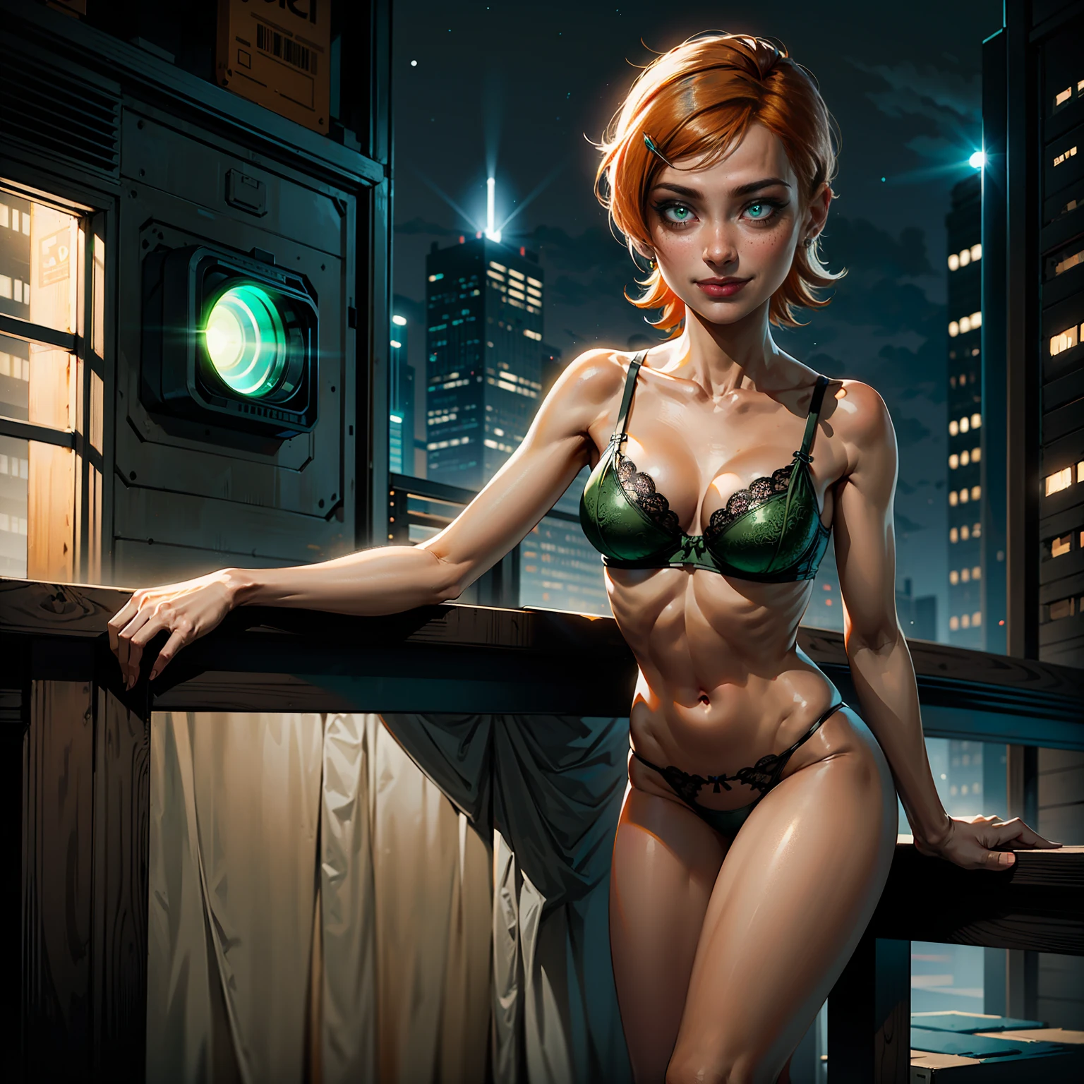 gwendolyn_tennyson, ((short orange hair, glowing green eyes, makeup, narrow waist, skinny, medium breasts)), pelvic curtain, ((black panties, black bra)), full body, perfect body, (insanely detailed, beautiful detailed face, masterpiece, best quality) , (((solo))), (((1girl))), (((mature))), (extremely detailed 8k paper CG wall unit: 1.1), (night, city), (smile face for the viewer),
