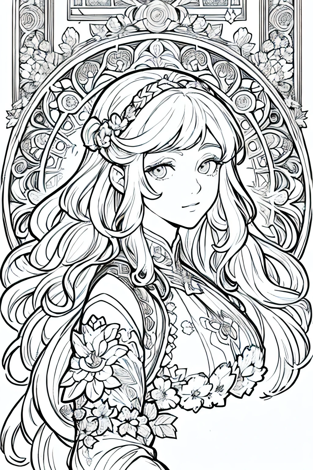 European woman face portrait、Long curly hair、bionde、Floral frame、Decorative panel、Abstract Art by Alphonse Mucha、Sketched、Character Line、Scenes without color or shadows。 (masterpiece、top-quality、hight resolution:1.4)、detaileds、intricate-detail、4K、color splashes、Line Art、Fibonacci、