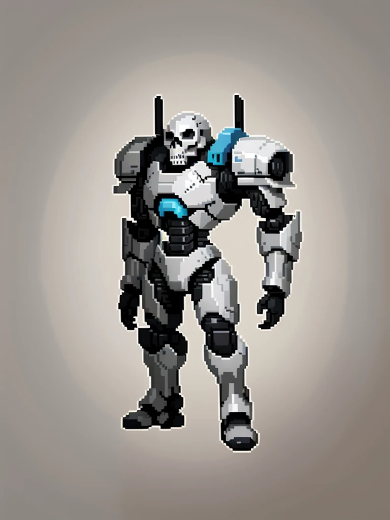 gray, monocolor, black skull head armored robot, (Obra de arte, maximum quality, melhor qualidade), Pixel, Pixel art, 1 male android robot based on the terminator robot, sidescroller game character