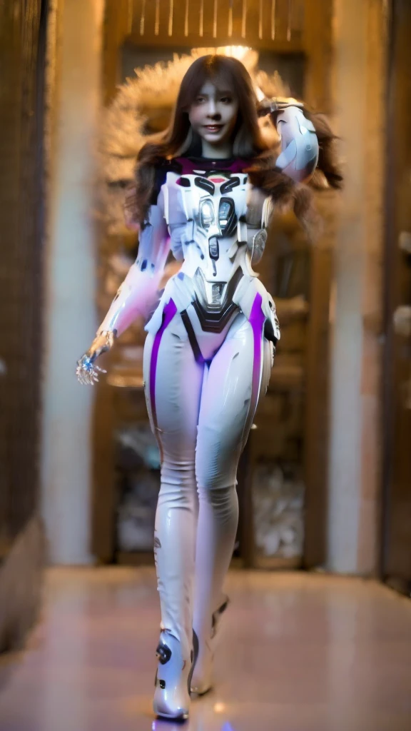 RAW, Masterpiece, Ultra Fine Photo,, Best Quality, Ultra High Resolution, Photorealistic, Sunlight, Full Body Portrait, Stunningly Beautiful,, Dynamic Poses, Delicate Face, Vibrant Eyes, a full body of a woman in a purple and white gundam custume, dybamic pose, long brown very very long hair rapunzel, girl in mecha cyber armor, portrait armored astronaut girl, d. va from overwatch, female mecha, on a gundam, gundam head, chiho aoshima color scheme, mobile suit, streamlined purple armor, fully robotic!! girl, realistic cosplay, gundam armor , full body, sit down, full body