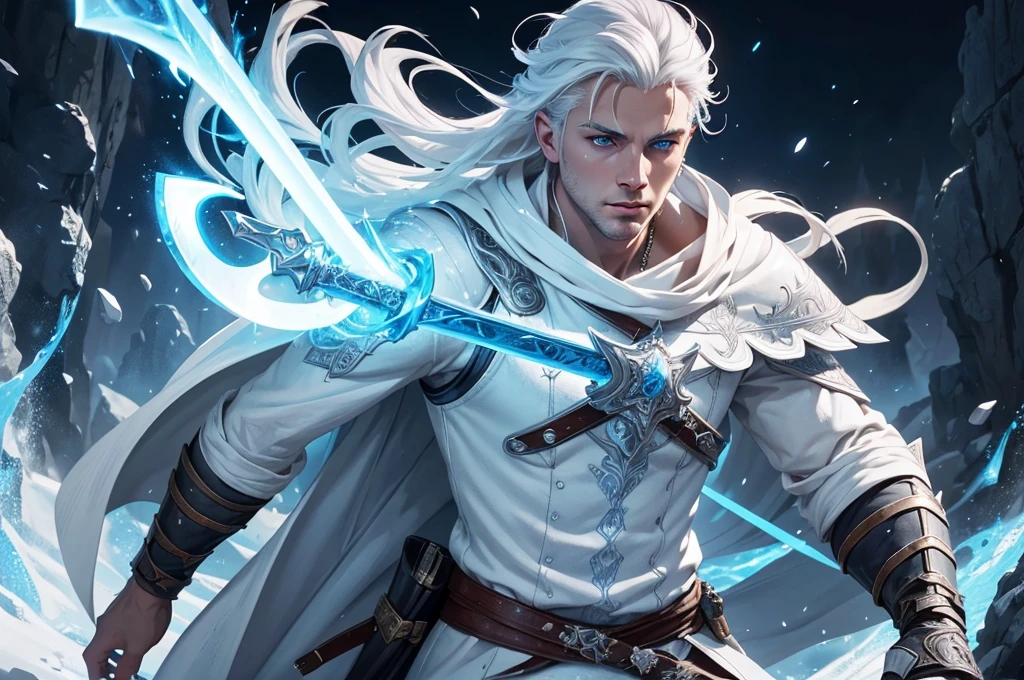 a young, handsome, white-haired warrior, explorer, detailed splash art, white clothes, blue eyes, high quality, 8k, masterpiece, hyperrealistic, photorealistic, realistic, intricate details, dramatic lighting, cinematic composition, vibrant colors, fantasy art, full body, holding a sword, mistic