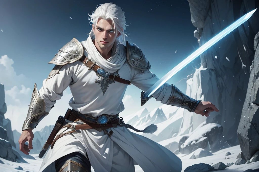 a young, handsome, white-haired warrior, explorer, detailed splash art, white clothes, blue eyes, high quality, 8k, masterpiece, hyperrealistic, photorealistic, realistic, intricate details, dramatic lighting, cinematic composition, vibrant colors, fantasy art, full body, holding a sword, mistic