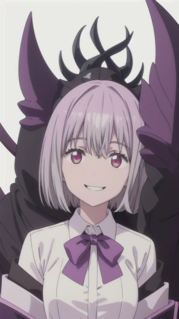 alone, One girl, View your viewers, 2D, anime, anime coloring, Upper Body, (White background:1.3), Akane Shinjo, White shirt, bow tie, Off the shoulder, Jacket,,too evil smile,smile worst,looking down at viewer,laugh worst,too evil laugh,deep shaded face,laugh face,big monster ,dark purple background,