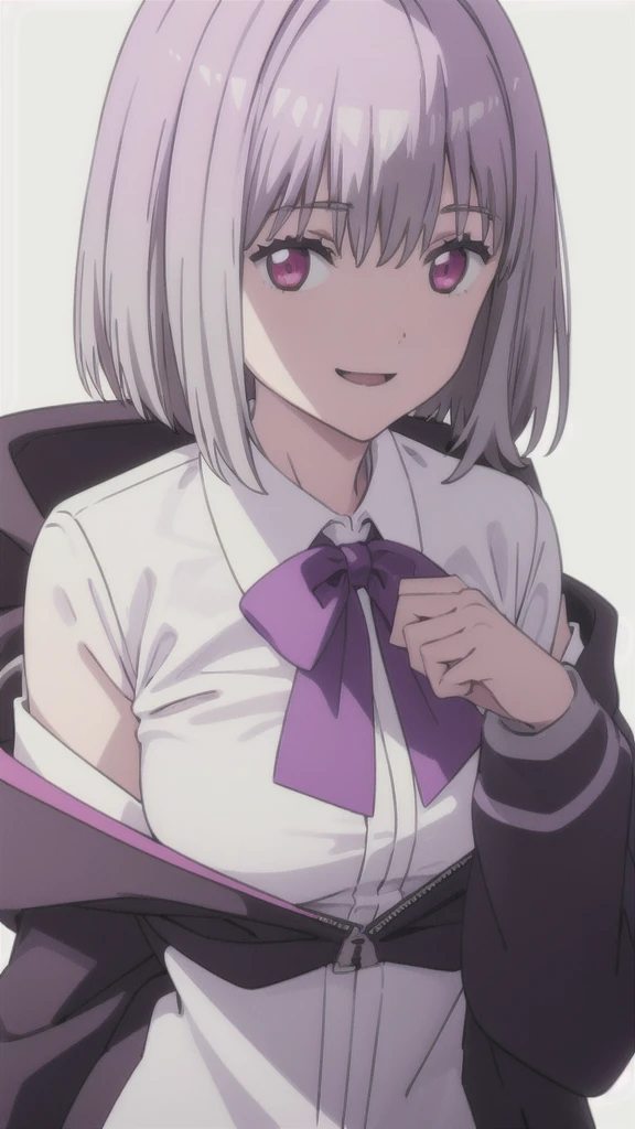 alone, One girl, View your viewers, 2D, anime, anime coloring, Upper Body, (White background:1.3), Akane Shinjo, White shirt, bow tie, Off the shoulder, Jacket,,too evil smile,smile worst,looking down at viewer,laugh worst,too evil laugh,deep shaded face,laugh face,big monster ,dark purple background,