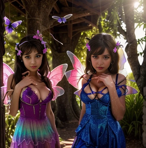 ((2 faeries girls, gorgeous, large firm push up breasts, faeries bra and dresses, neckline, 20 years old)), (in bioluminescent forest plants,fabulous night forest,magical radiance),Raw photo,ultra rea, uhd, realistic skin and hairs, best quality,16k resolution,vivid colors, little lake with luminescent effects, little faeries girl, (((the most beautiful cute girl faces in the world)))