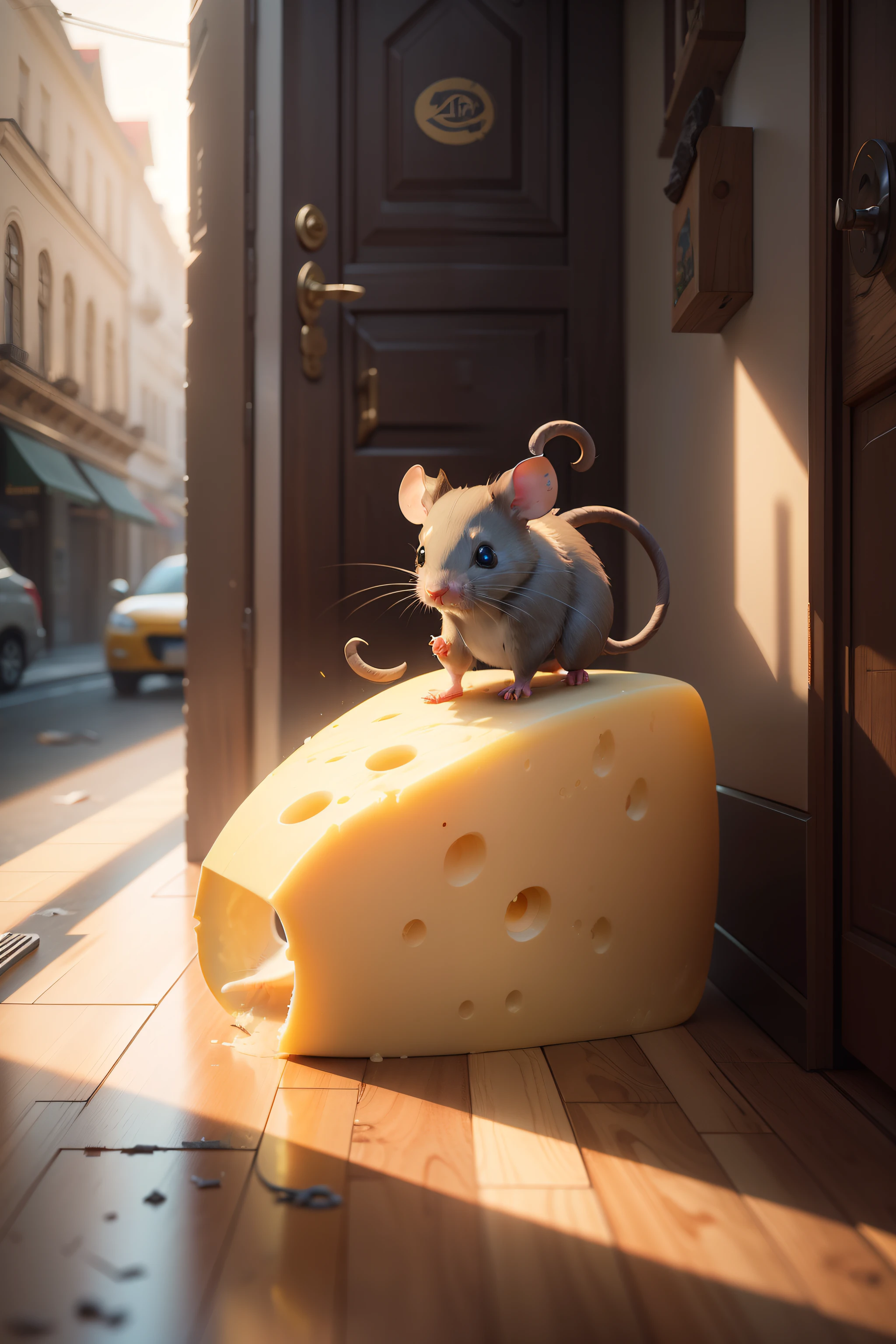 Rat Stealing Cheese super fofo, realista, 4K, Super detalhado, vray rendering, motor irreal, artistic style in the middle of the journey,