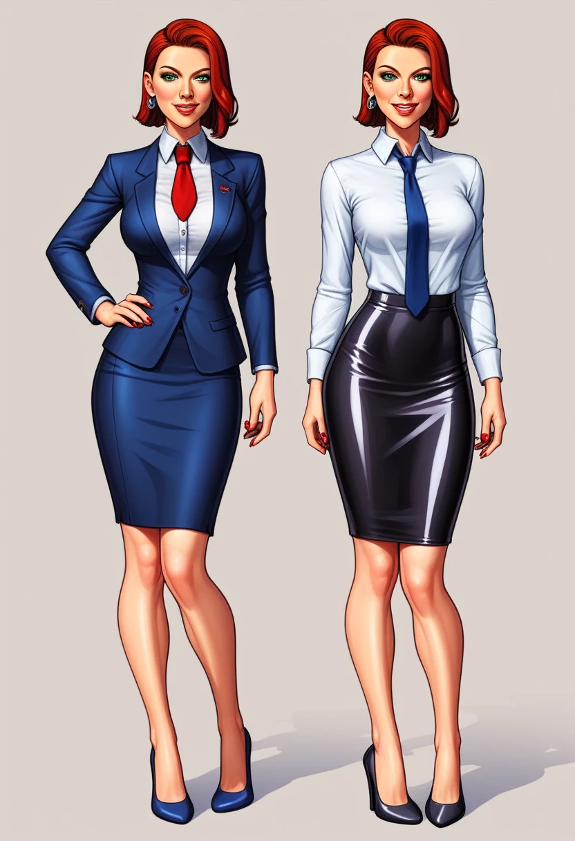 Scarlett Johansson poses in latex skirt and latex shirt and latex coat for a photo, wears a shirt with tie, enger Kragen, buttoned collar, enge Krawatte, Office clothing, Business-Kleidung,black leather Hemd, im Hemd tragen, Hemd and tie, Leder hemd, Business-Kleidung, Woman in office dress, Tailor-made clothing, White shirts, Arbeitskleidung, Hemd, business women, wears white shirt, detailliertes Bild rot und gold gestreifte Gryffindor Krawatte, perfekt geknotete Krawatte