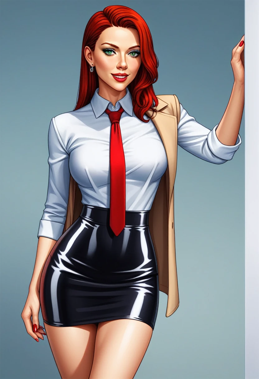 Scarlett Johansson poses in latex skirt and latex shirt and latex coat for a photo, wears a shirt with tie, enger Kragen, buttoned collar, enge Krawatte, Office clothing, Business-Kleidung,black leather Hemd, im Hemd tragen, Hemd and tie, Leder hemd, Business-Kleidung, Woman in office dress, Tailor-made clothing, White shirts, Arbeitskleidung, Hemd, business women, wears white shirt, detailliertes Bild rot und gold gestreifte Gryffindor Krawatte, perfekt geknotete Krawatte