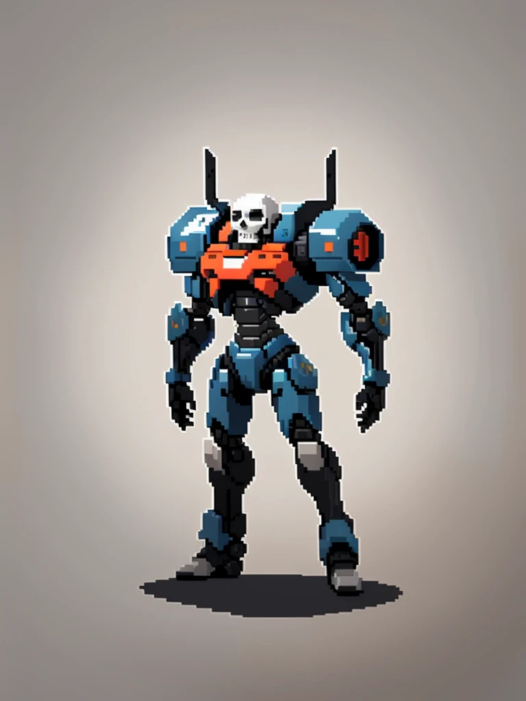 gray, monocolor, skeletal body and black skull head armored robot, (Obra de arte, maximum quality, melhor qualidade), Pixel, Pixel art, 1 male android robot based on the terminator robot, sidescroller game character