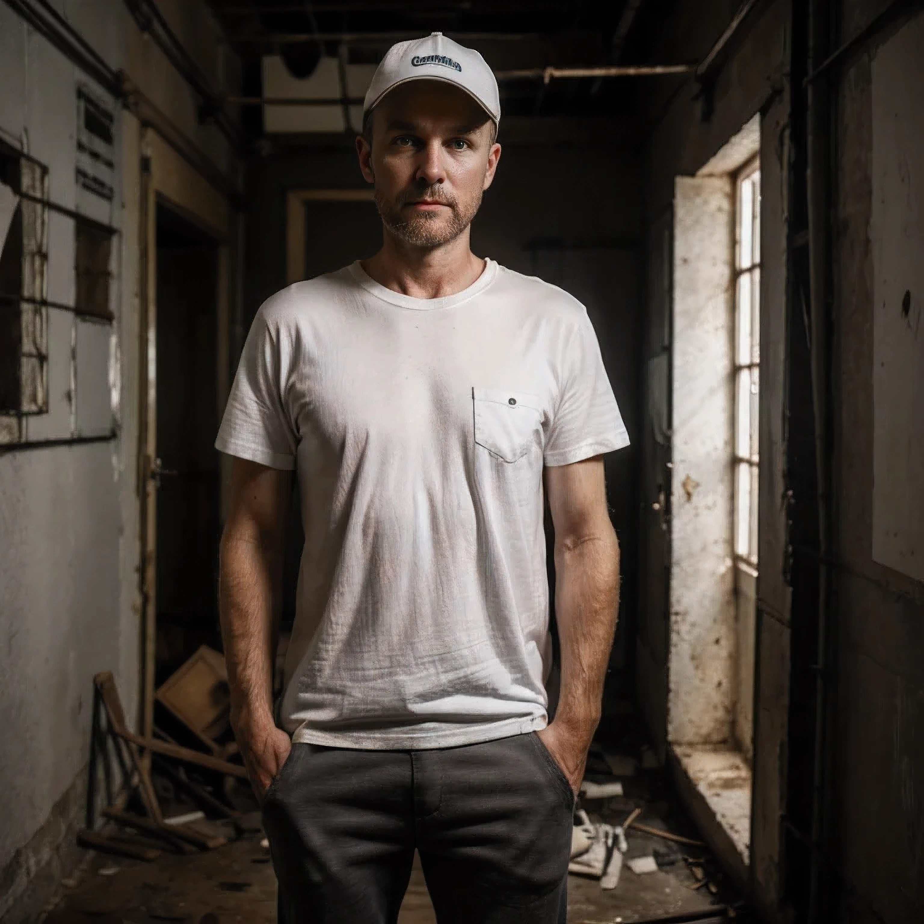 In an old dark room with poor repair stands a white man with his hands in his pockets, 30 years old, wearing a white torn T-shirt and gray pants, cap on his head, standing straight and looking at the camera, thin, 8k