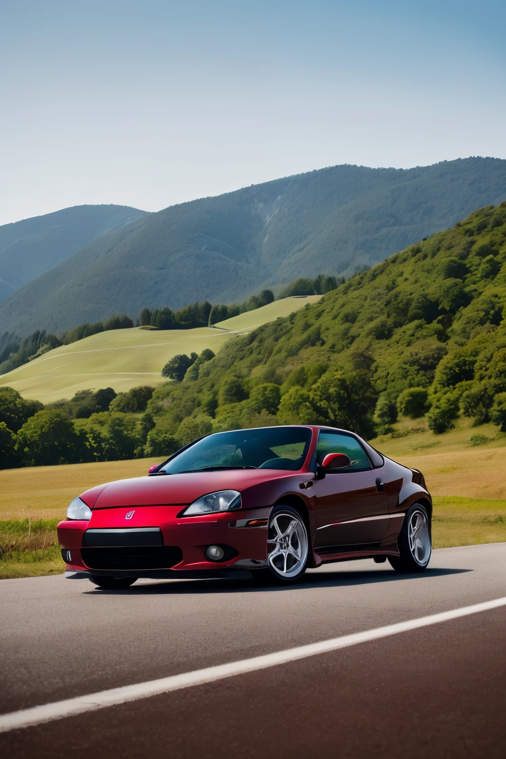 a Honda Del Sol, elegantly cloaked in a sleek maroon hue, contrasted with crisp white accents that trace the contours of its aerodynamic body. A body kit, adorned with intricate detail and a touch of carbon fiber, adds a futuristic edge to this timeless vehicle. The suspension, bespoke and finely tuned, ensures a smooth ride, without the exaggerated "slam" often associated with lowered vehicles. Bathed in the glorious Bulgarian landscape, this Del Sol boasts an aero design that blends seamlessly with its surroundings, its sharp lines and high contrast details emphasized in a 35mm photograph. Captured with an f