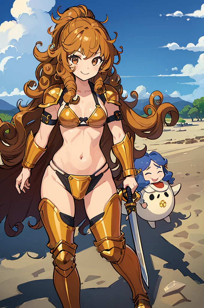 (One Girl:1.4)、Perfect functionality, (masterpiece), (Highest quality:1.4), High resolution、low length、、A cheerful smile、Wavy long hair, (Curly Hair:1.4), 豊かなCurly Hair, ponytail、(Bikini Armor:1.4)、Plein Air、(whole body:1.4)、Standing posture、sword, Cape, Dynamic pose