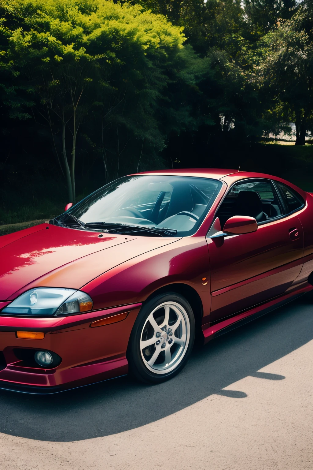 a Honda Del Sol, elegantly cloaked in a sleek maroon hue, contrasted with crisp white accents that trace the contours of its aerodynamic body. A body kit, adorned with intricate detail and a touch of carbon fiber, adds a futuristic edge to this timeless vehicle. The suspension, bespoke and finely tuned, ensures a smooth ride, without the exaggerated "slam" often associated with lowered vehicles. Bathed in the glorious Bulgarian landscape, this Del Sol boasts an aero design that blends seamlessly with its surroundings, its sharp lines and high contrast details emphasized in a 35mm photograph. Captured with an f