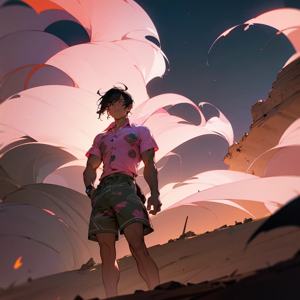 1male, adult, finely detailed navajo eyes, wild short hair, rose quartz hair color, open button down hawaii shirt, shorts, standing on ruined building, night time, somber expression, muscular, excited expression