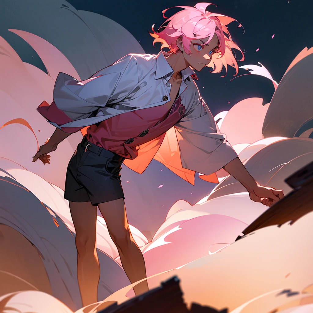 1male, adult, finely detailed navajo eyes, wild short hair, rose quartz hair color, open button down hawaii shirt, shorts, standing on ruined building, night time, somber expression, muscular, excited expression