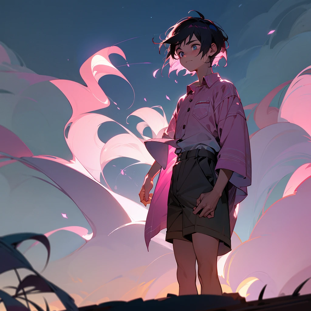1male, adult, finely detailed navajo eyes, wild short hair, rose quartz hair color, open button down hawaii shirt, shorts, standing on ruined building, night time, somber expression, muscular, excited expression