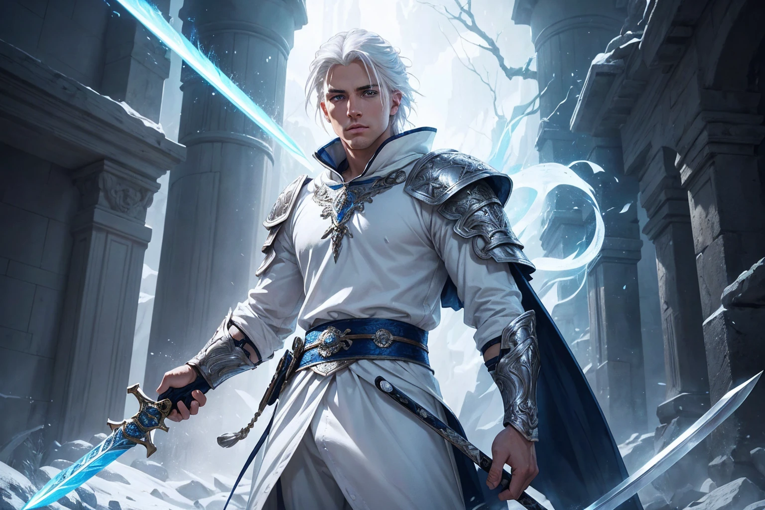 a young, handsome, white-haired warrior, explorer, detailed splash art, white clothes, blue eyes, high quality, 8k, masterpiece, hyperrealistic, photorealistic, realistic, intricate details, dramatic lighting, cinematic composition, vibrant colors, fantasy art, full body, holding a magic sword, Sem Nenhum Defeito
