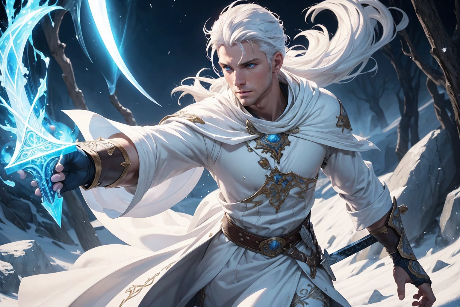 a young, handsome, white-haired warrior, explorer, detailed splash art, white clothes, blue eyes, high quality, 8k, masterpiece, hyperrealistic, photorealistic, realistic, intricate details, dramatic lighting, cinematic composition, vibrant colors, fantasy art, full body, holding a magic sword, Sem Nenhum Defeito