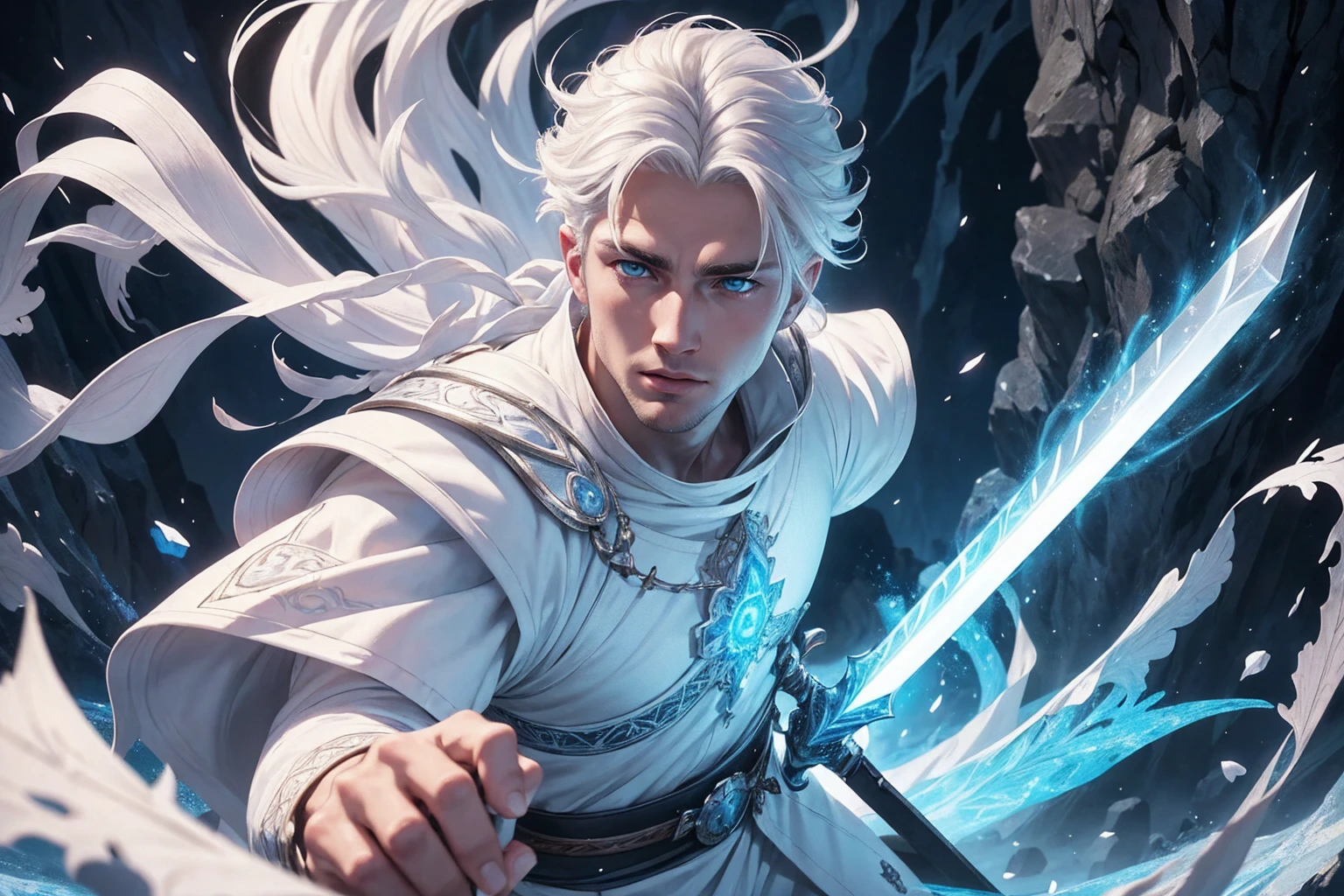 a young, handsome, white-haired warrior, explorer, detailed splash art, white clothes, blue eyes, high quality, 8k, masterpiece, hyperrealistic, photorealistic, realistic, intricate details, dramatic lighting, cinematic composition, vibrant colors, fantasy art, full body, holding a magic sword, Sem Nenhum Defeito
