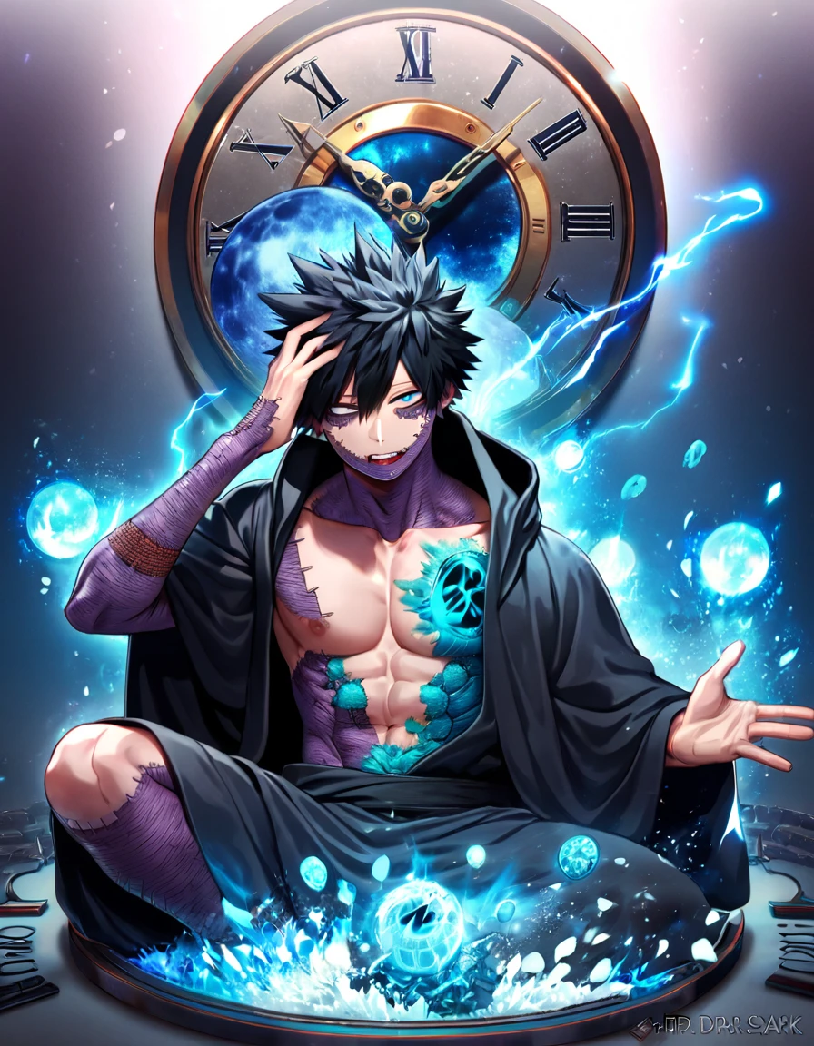 absurdres, highres, ultra detailed, HDR, master piece, best quality, Dabi, black hair spiked around his head, expressive turquoise eyes, boku no hero academia, solo, sexy man, handsome, toned chest, black robes, cape with a hood, clock mechanical blue moon, fantasy, chains, blue fireflies, blue lightning, void, magic