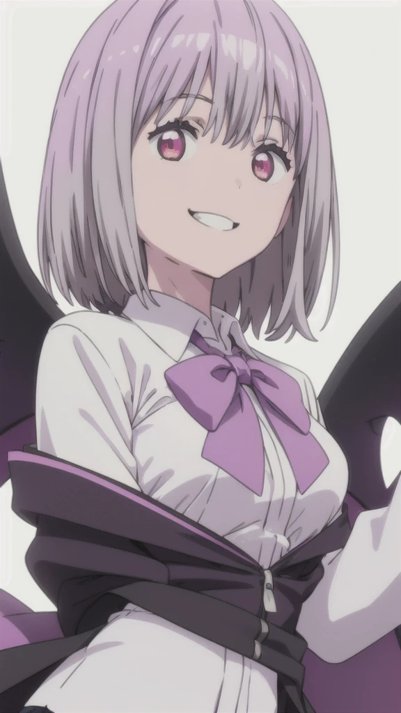 alone, One girl, View your viewers, 2D, anime, anime coloring, Upper Body, (White background:1.3), Akane Shinjo, White shirt, bow tie, Off the shoulder, Jacket,,too evil smile,smile worst,looking down at viewer,laugh worst,too evil laugh,deep shaded face,laugh face,big monster ,dark purple background,
