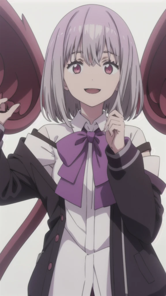 alone, One girl, View your viewers, 2D, anime, anime coloring, Upper Body, (White background:1.3), Akane Shinjo, White shirt, bow tie, Off the shoulder, Jacket,,too evil smile,smile worst,looking down at viewer,laugh worst,too evil laugh,deep shaded face,laugh face,big monster ,dark purple background,
