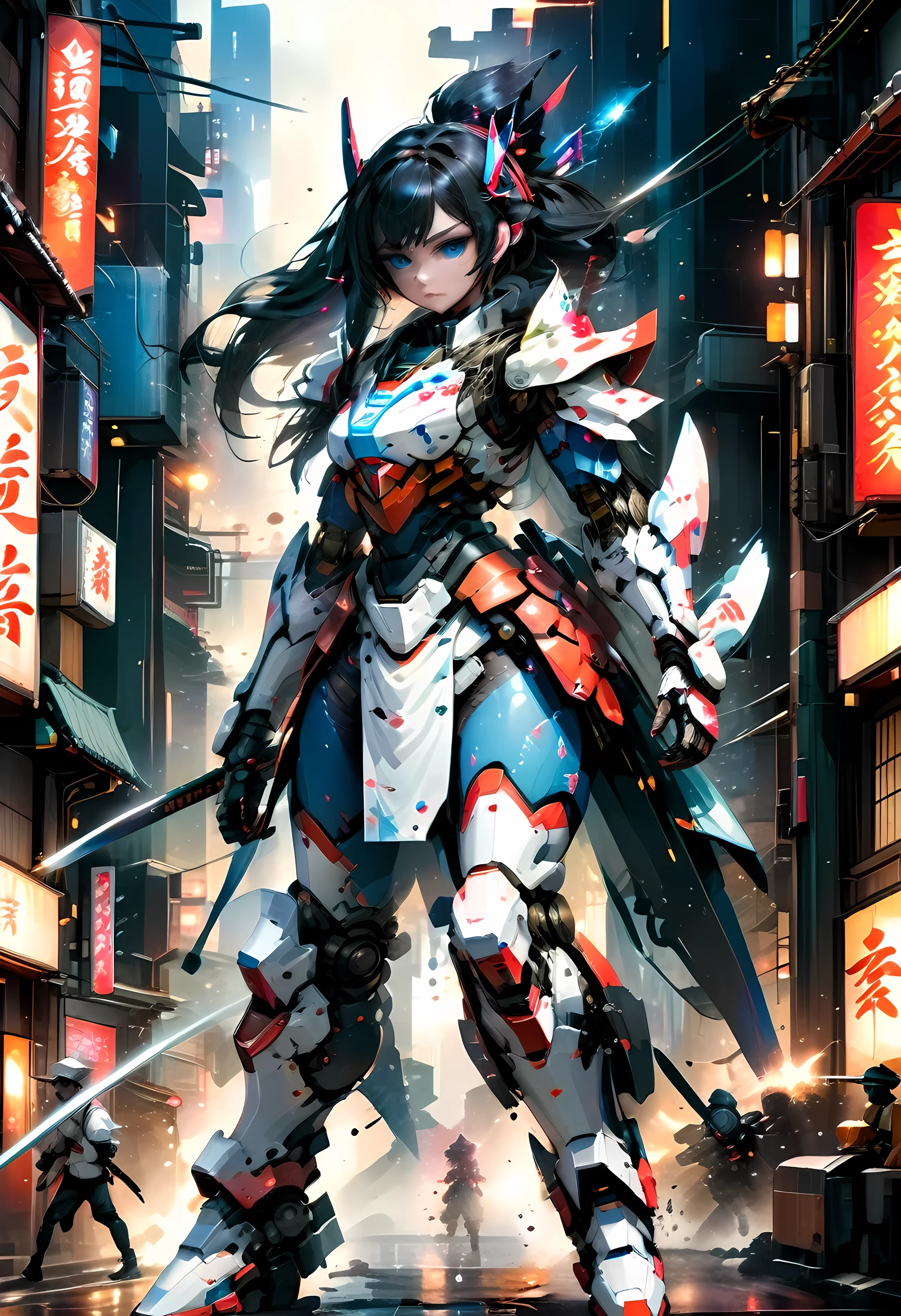 Japanese water color art picture of a mecha samurai woman in cyberpunk city, a mecha samurai woman, exquisite beautiful woman, black hair, long hair, (blue eyes: 1.3), she stands ready to battle, wearing (white mecha armor: 1.3), high heeled boots, she is armed with a (Japanese sword: 1.3), Japanese Cyberpunk city at night, background, (Masterpiece: 1.5), ((anatomically correct: 1.5)), 16k, highres, best quality, high details, ultra detailed, masterpiece, best quality, (extremely detailed), arafed, mecha, drkfntasy