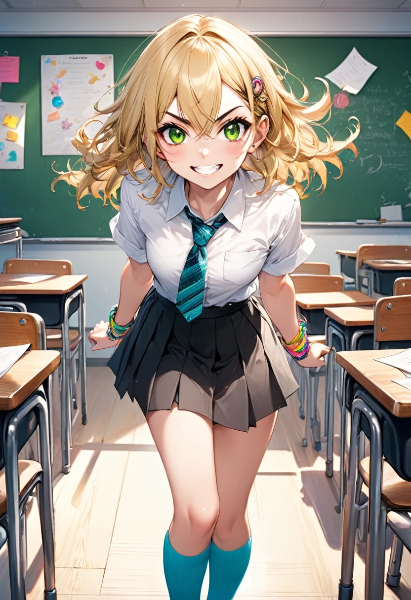 A mischievous girl with a sly grin, standing in a school classroom. She has sharp, narrow eyes giving a teasing look, and her eyebrows are raised in a playful manner. She wears a with a playful twist: a colorful tie, funky socks, and a few quirky accessories like bracelets and hair clips.. The classroom background includes desks, a blackboard with some doodles, and a few scattered papers on the floor.,(masterpiece:1.3),(highest quality:1.4),(ultra detailed:1.5),High resolution,extremely detailed,unity 8k wallpaper, blonde hair, green eyes