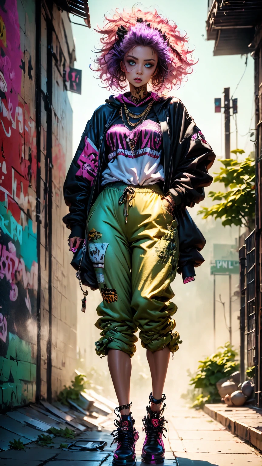 ((long shot, full body: 1.6)), purple: 1.5, orange: 1.1, green: 1.3, White: 1.3, yellow: 1.3, (rapper girl with scary hair, highly detailed eyes and body and beautiful baggy and baggy clothes :1.6), tattoos, (walls with Graffiti: 1.2), flower, Leaves, born in the mist, lines, leaning on the wall with a spray paint in her hand, action pose, 32K. dynamic modeling pose.