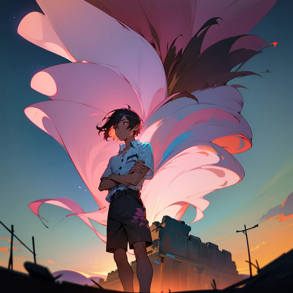1male, adult, finely detailed navajo eyes, wild short hair, rose quartz hair color, open button down hawaii shirt, shorts, standing on ruined building, night time, somber expression, muscular, excited expression