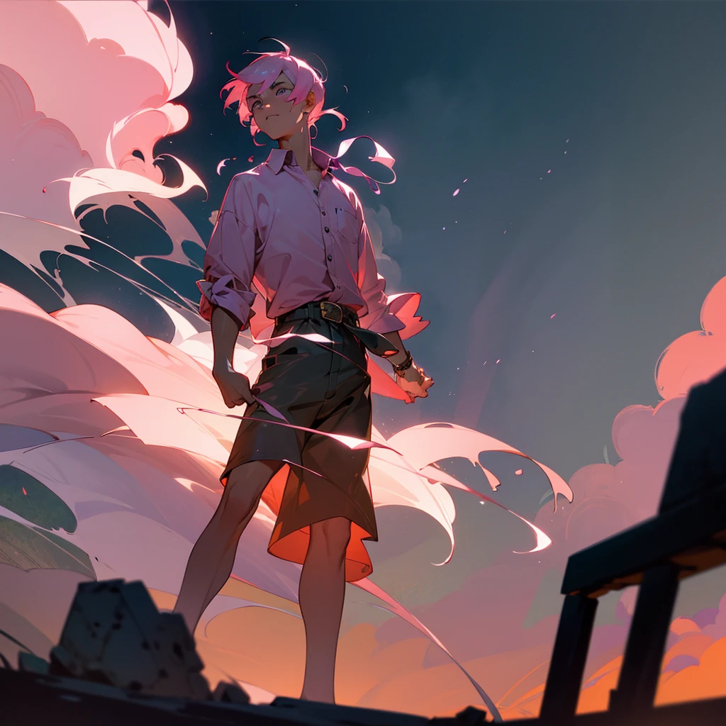 1male, adult, finely detailed navajo eyes, wild short hair, rose quartz hair color, open button down hawaii shirt, shorts, standing on ruined building, night time, somber expression, muscular, excited expression