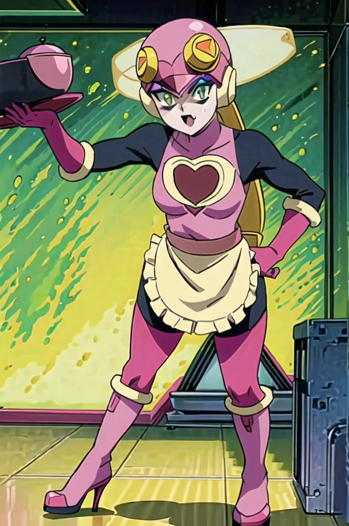 masterpiece, best quality, 1girl, evilroll, helmet, blonde hair, green eyes, eyeshadow, makeup, high heels, fang out, bodysuit, pink gloves, pink boots, Cooking, kitchen, apron, ruffled apron