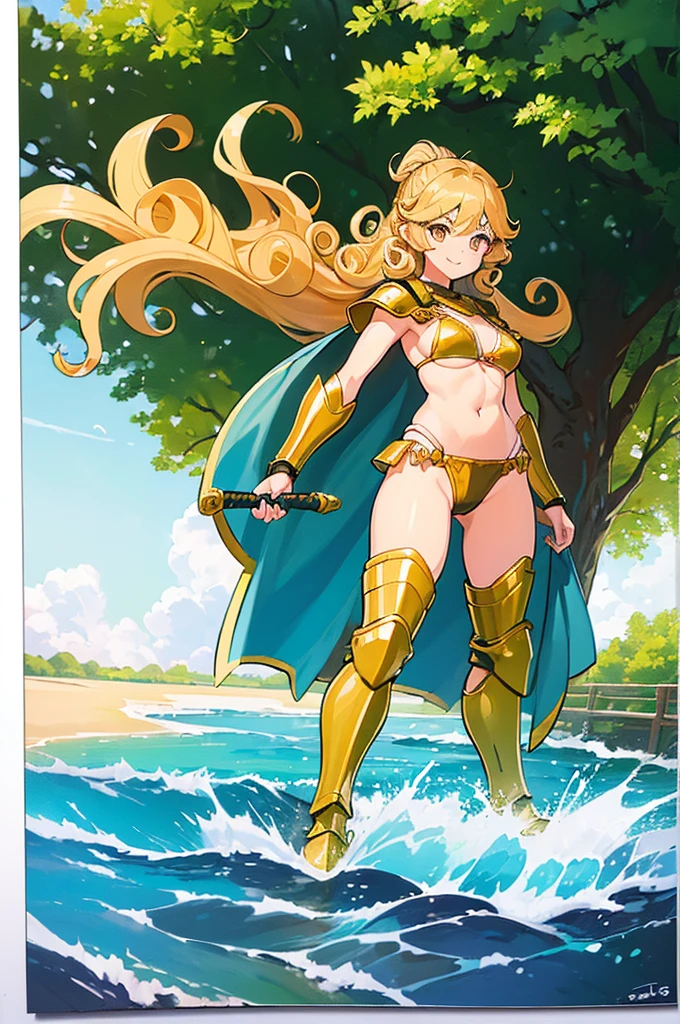 (One Girl:1.4)、Perfect functionality, (masterpiece), (Highest quality:1.4), High resolution、low length、、A cheerful smile、Wavy long hair, (Curly Hair:1.4), 豊かなCurly Hair, ponytail、(Bikini Armor:1.4)、Plein Air、(whole body:1.4)、Standing posture、sword, Cape, Dynamic pose