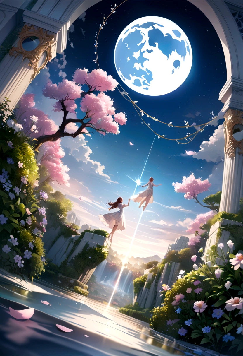 The background is greenblue,moon light,All expressed with jewels, the arrival of spring, various beautiful flower
, Beautiful Rainbow-colored feathers swallowtail butterfly,angles looking up from below, various jewels falling from the sky, wonderful and beautiful superb view, slightly hazy, fantastic, high resolution, 8K, (best quality, highres, realistic:1.37), shiny metallic flowers, intricate and delicate petals, reflective surfaces, vibrant colors, intricate details, close-up view, surreal garden, surreal beauty, dreamy atmosphere, fine art, abstract botanicals, metallic sculpture, contrasting textures, ethereal glow