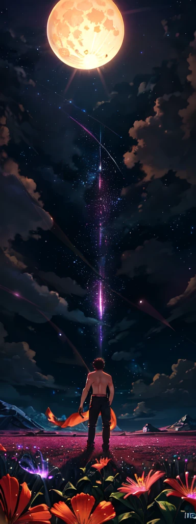 expansive landscape photograph , (a view from below that shows sky above and open field below), a shirtless man standing on flower field looking up, (full moon:1.2), ( shooting stars:0.9), (nebula:1.3), distant mountain, tree BREAK
production art, (warm light source:1.2), (Firefly:1.2), lamp, lot of purple and orange, intricate details, volumetric lighting, realism BREAK
(masterpiece:1.2), (best quality), 4k, ultra-detailed, (dynamic composition:1.4), highly detailed, colorful details,( iridescent colors:1.2), (glowing lighting, atmospheric lighting), dreamy, magical, (solo:1.2)