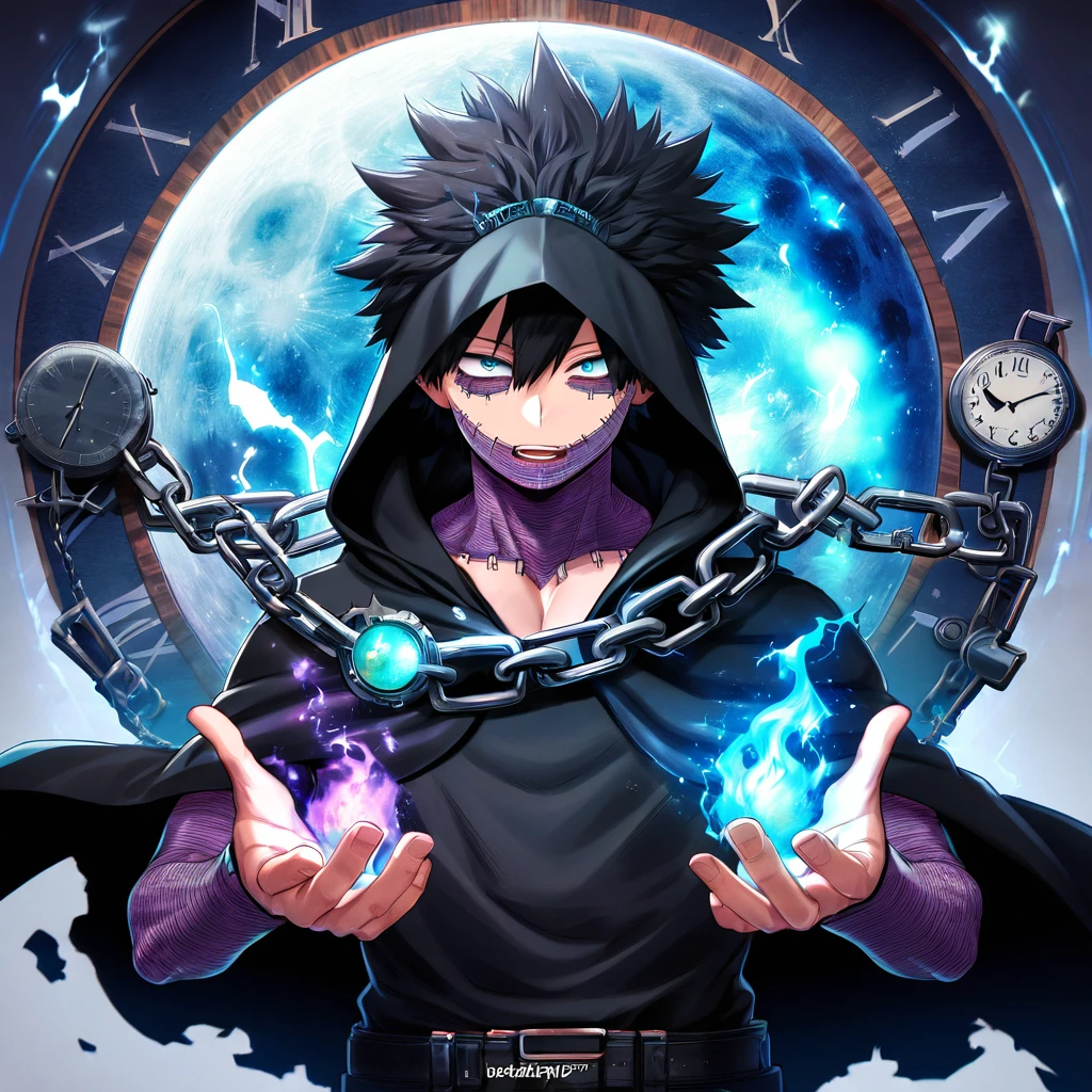 absurdres, highres, ultra detailed, HDR, master piece, best quality, Dabi, black hair spiked around his head, expressive turquoise eyes, boku no hero academia, solo, sexy man, handsome, black clothes, black cape with a hood, clock mechanical blue moon, fantasy, chains, blue fireflies, blue lightning, void, magic