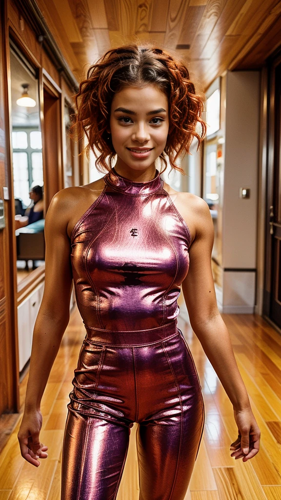 Very realistic photo, full body, head to toe, full body, body and hair in motion, smiling, she moves. She's dancing hip hop.
In a modern dance hall with mirrors. The floor is wooden floor
She's wearing a sexy, streetwise purple jumpsuit and a pair of sneakers.
The photo is luminous
The photo is taken from afar. cinematic lighting, 85mm f/1 lens, high quality realistic image, masterpiece, best quality, 8k, ultra-detailed, physically rendered, vivid colors, sharp focus
realist 1 woman, photorealistic portrait of a young African-American woman of mixed race, dark skin with freckles near the nose, realistic skin texture, fine, round facial features, black eyes with long black lashes, defined eyebrows, well-defined lips with evening make-up, athletic physique, medium-length curly red hair, tight curly curly hair, red hair.