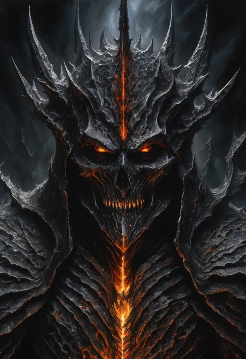 ClassipeintXL oil painting detailed portrait of the dark ruler Sauron in Mordor, umgeben von Flammen, Symmetrie, teuflisch, Bosheit, Hass