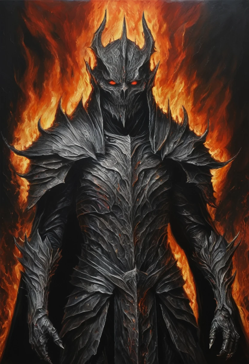 ClassipeintXL oil painting detailed portrait of the dark ruler Sauron in Mordor, umgeben von Flammen, Symmetrie, teuflisch, Bosheit, Hass
